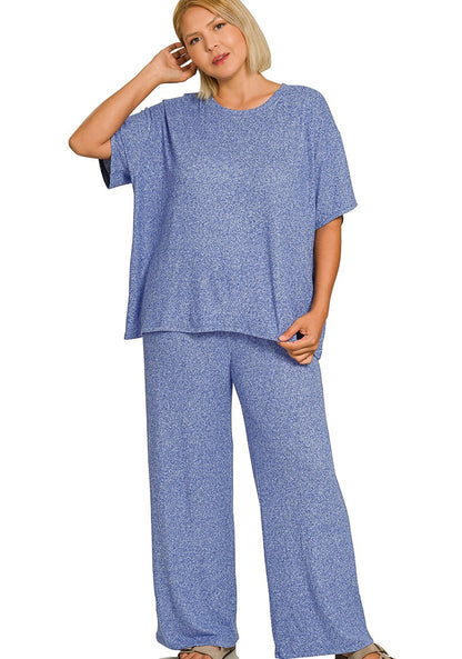 Plus Soft Melange Short-Sleeve Tee and Wide-Leg Pants Lounge Set