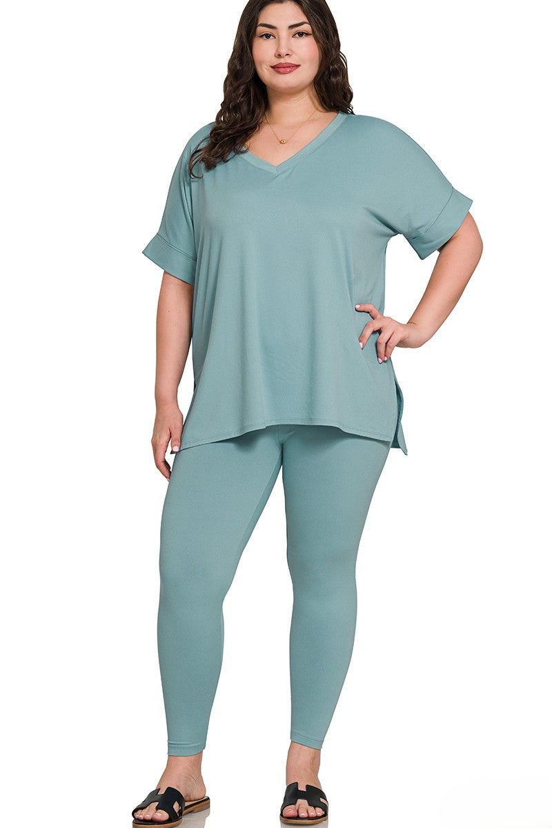 Plus Brushed Microfiber V-Neck Top and Leggings Lounge Set