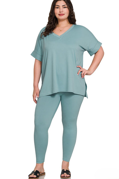Plus Brushed Microfiber V-Neck Top and Leggings Lounge Set