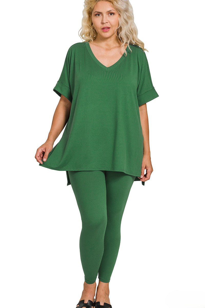 Plus Brushed Microfiber V-Neck Top and Leggings Lounge Set