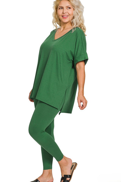 Plus Brushed Microfiber V-Neck Top and Leggings Lounge Set