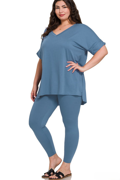 Plus Brushed Microfiber V-Neck Top and Leggings Lounge Set
