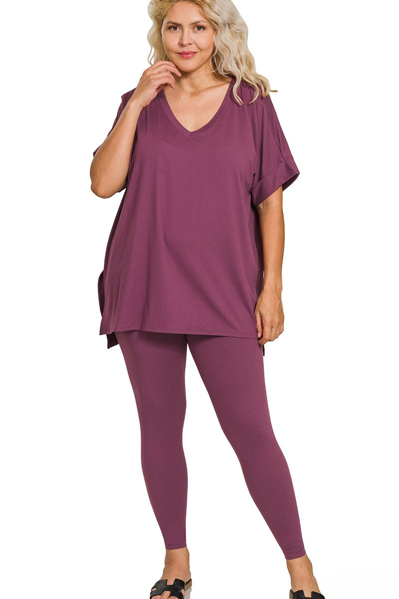 Plus Brushed Microfiber V-Neck Top and Leggings Lounge Set