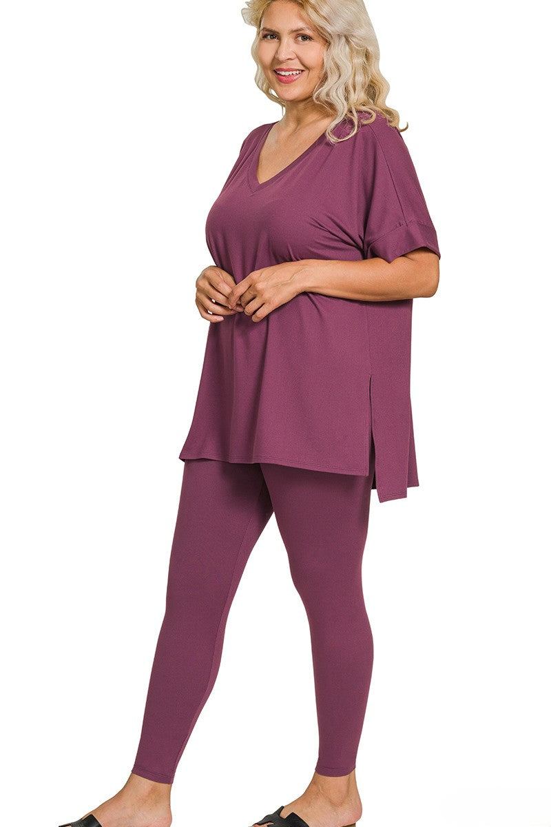 Plus Brushed Microfiber V-Neck Top and Leggings Lounge Set