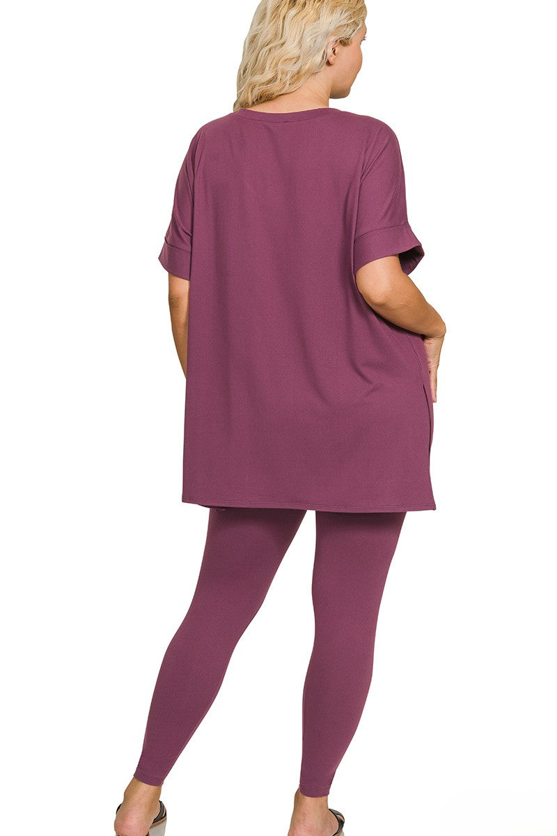Plus Brushed Microfiber V-Neck Top and Leggings Lounge Set