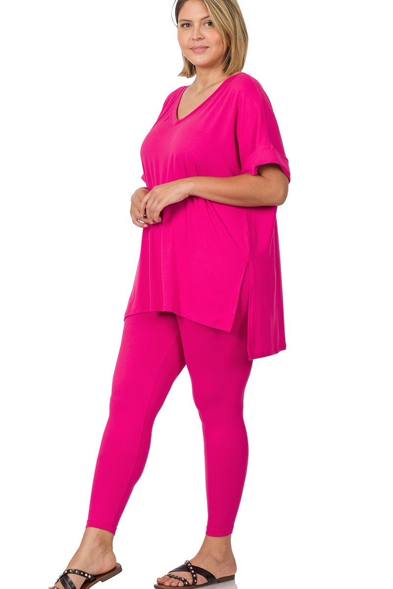 Plus Brushed Microfiber V-Neck Top and Leggings Lounge Set