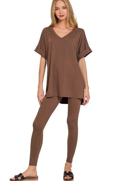 Plus Brushed Microfiber V-Neck Top and Leggings Lounge Set