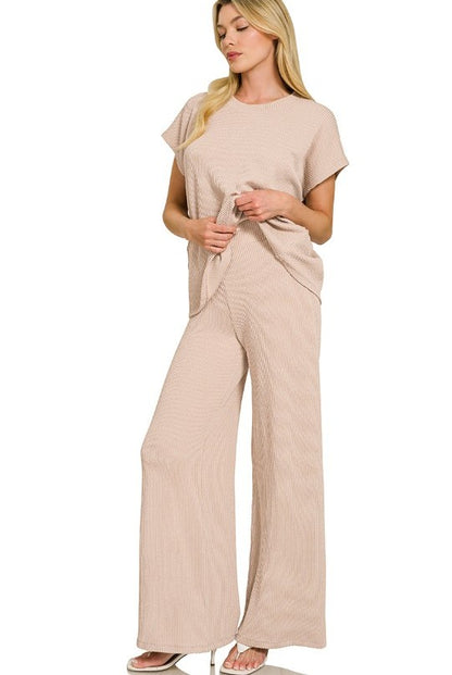 Raised-Rib Relaxed Pullover and Straight-Leg Pants Lounge Set