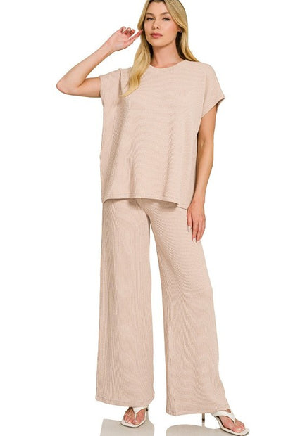 Raised-Rib Relaxed Pullover and Straight-Leg Pants Lounge Set