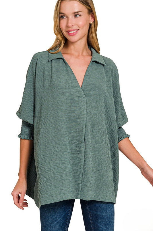 Breezy Lightweight Collared Top - Smocked Sleeves