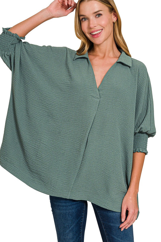 Breezy Lightweight Collared Top - Smocked Sleeves