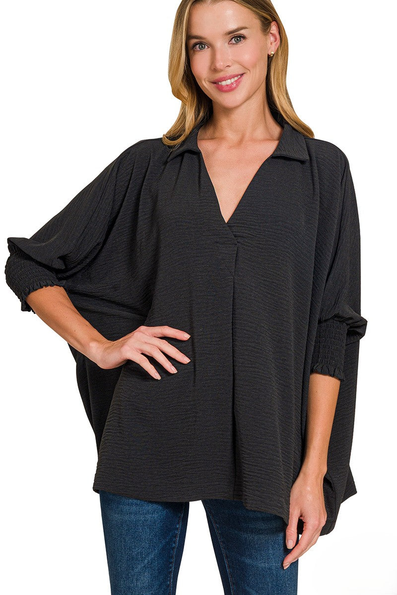 Breezy Lightweight Collared Top - Smocked Sleeves