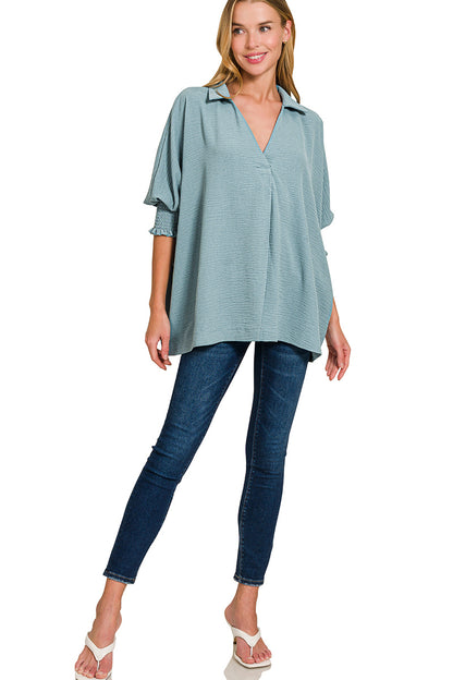 Breezy Lightweight Collared Top - Smocked Sleeves