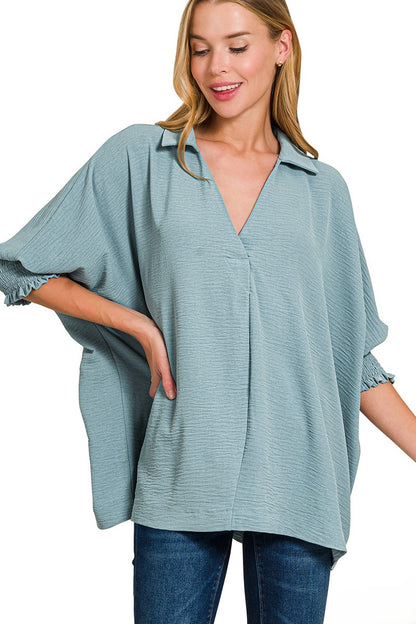 Breezy Lightweight Collared Top - Smocked Sleeves