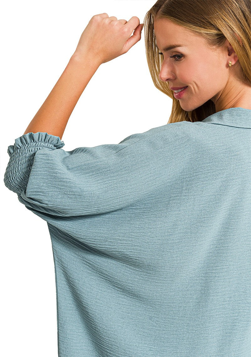 Breezy Lightweight Collared Top - Smocked Sleeves