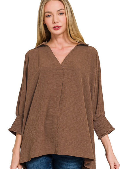 Breezy Lightweight Collared Top - Smocked Sleeves