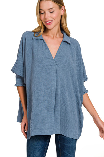 Breezy Lightweight Collared Top - Smocked Sleeves