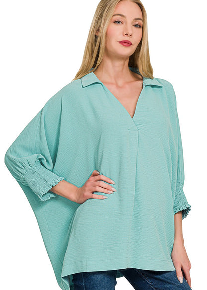 Breezy Lightweight Collared Top - Smocked Sleeves