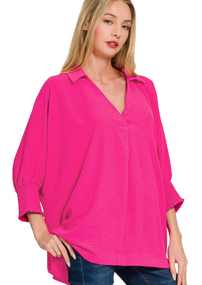 Breezy Lightweight Collared Top - Smocked Sleeves
