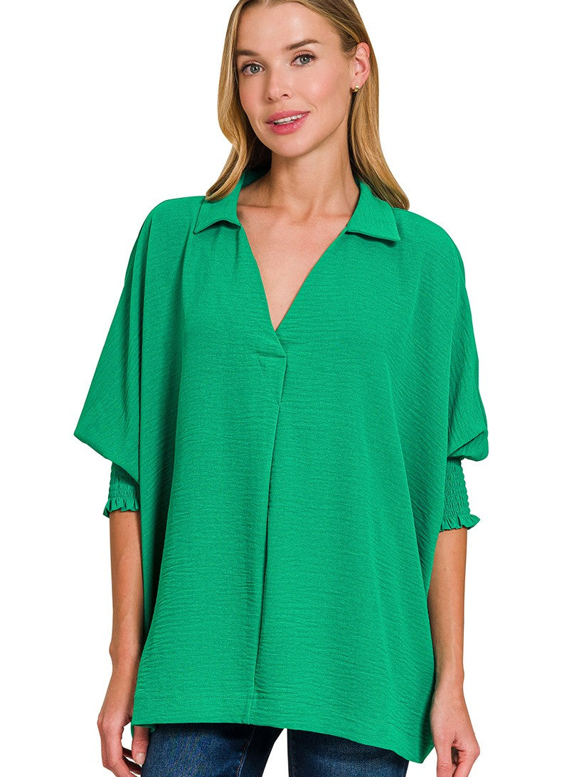 Breezy Lightweight Collared Top - Smocked Sleeves