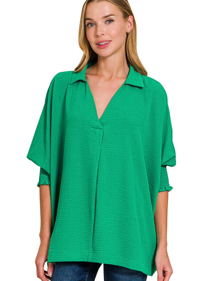Breezy Lightweight Collared Top - Smocked Sleeves