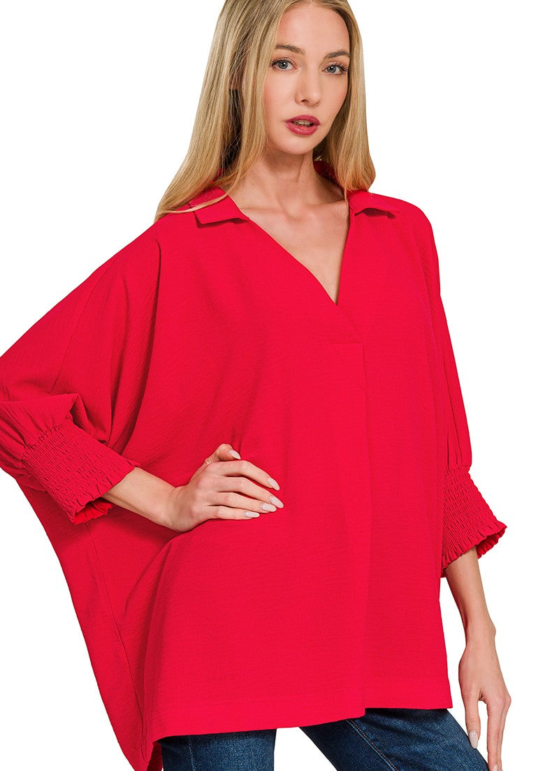 Breezy Lightweight Collared Top - Smocked Sleeves
