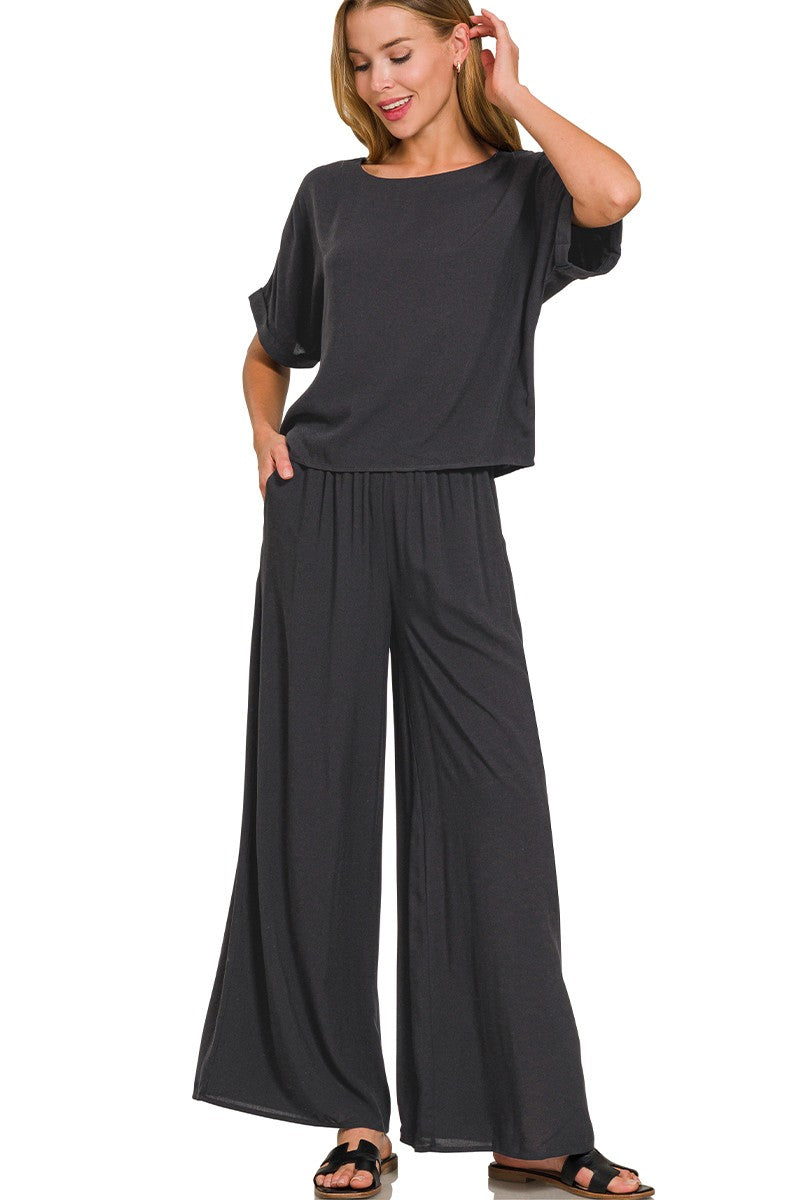 Breezy Woven Short-Sleeve Top and Straight-Leg Pants Lounge Set