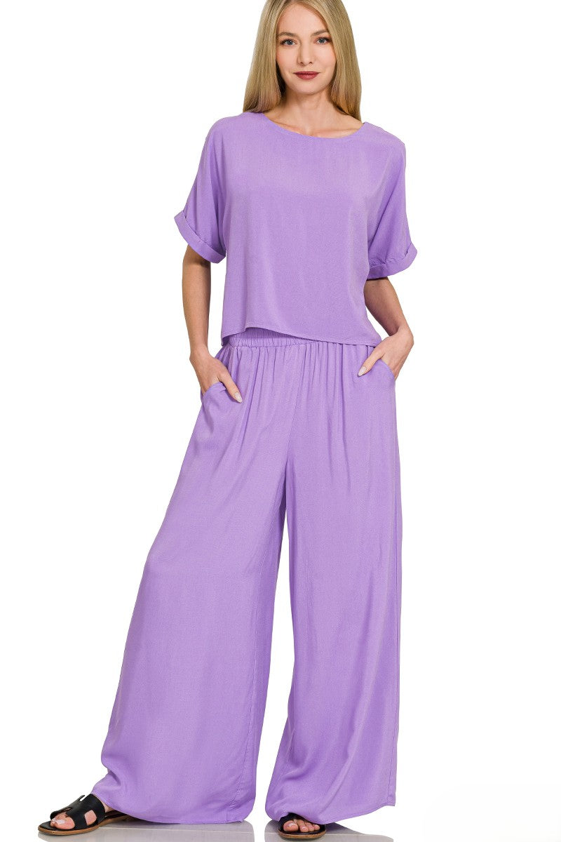 Breezy Woven Short-Sleeve Top and Straight-Leg Pants Lounge Set