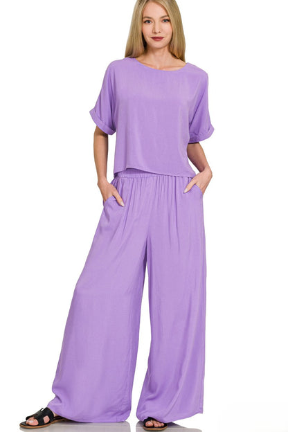 Breezy Woven Short-Sleeve Top and Straight-Leg Pants Lounge Set