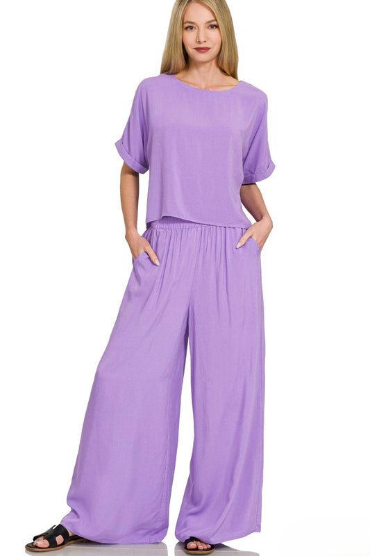 Breezy Woven Short-Sleeve Top and Straight-Leg Pants Lounge Set