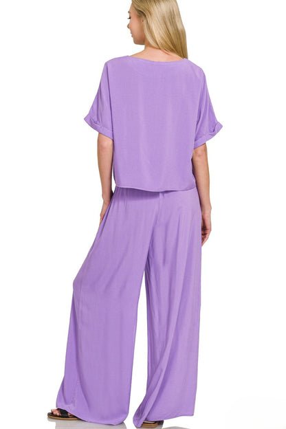 Breezy Woven Short-Sleeve Top and Straight-Leg Pants Lounge Set