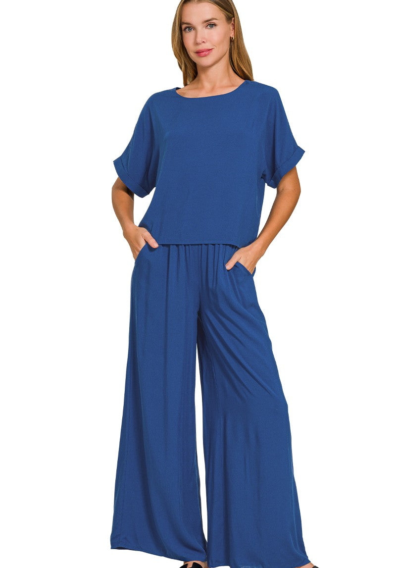 Breezy Woven Short-Sleeve Top and Straight-Leg Pants Lounge Set