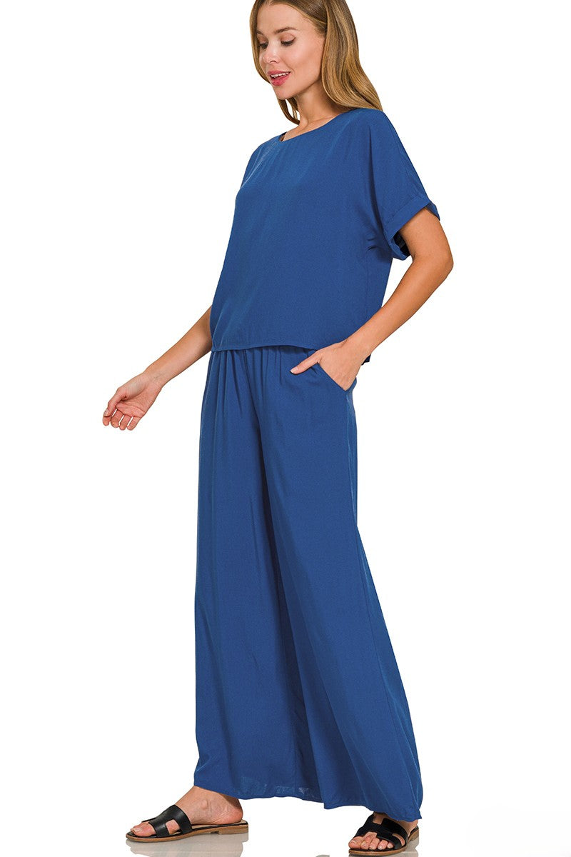 Breezy Woven Short-Sleeve Top and Straight-Leg Pants Lounge Set