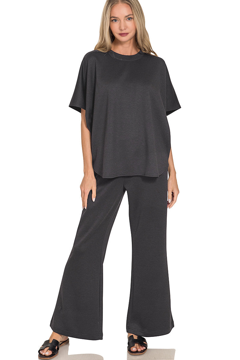 2-Piece Scuba Set: Curved Hem Oversized Top & Bell Bottom Pants