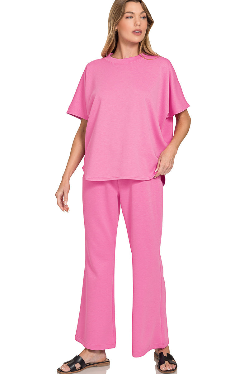 2-Piece Scuba Set: Curved Hem Oversized Top & Bell Bottom Pants