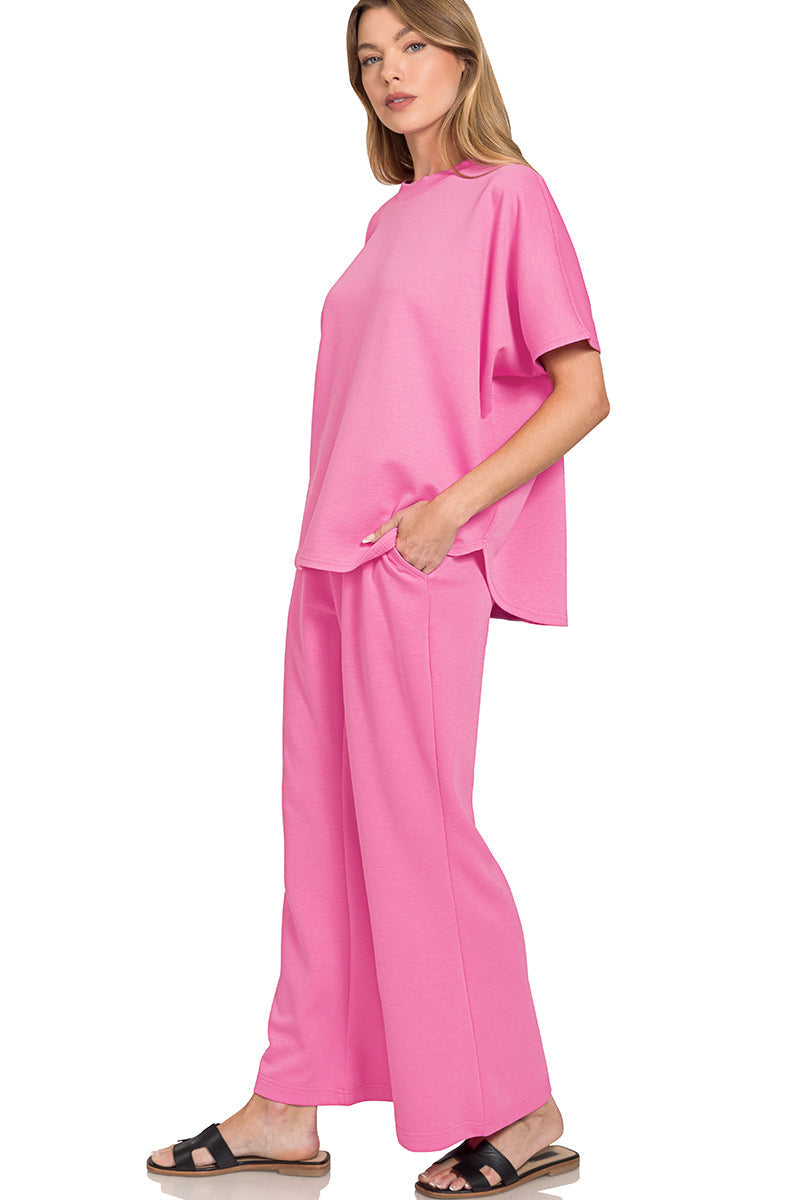 2-Piece Scuba Set: Curved Hem Oversized Top & Bell Bottom Pants