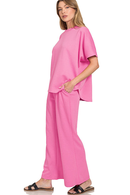 2-Piece Scuba Set: Curved Hem Oversized Top & Bell Bottom Pants