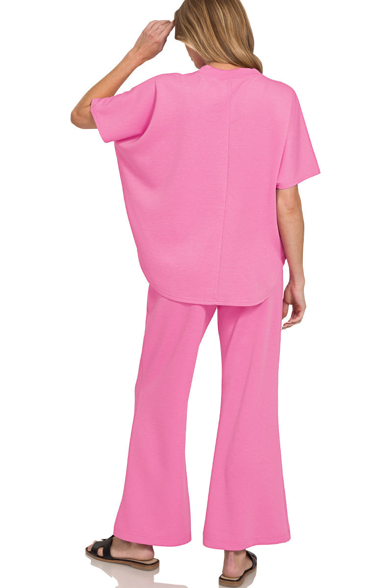 2-Piece Scuba Set: Curved Hem Oversized Top & Bell Bottom Pants