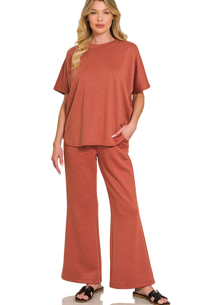 2-Piece Scuba Set: Curved Hem Oversized Top & Bell Bottom Pants