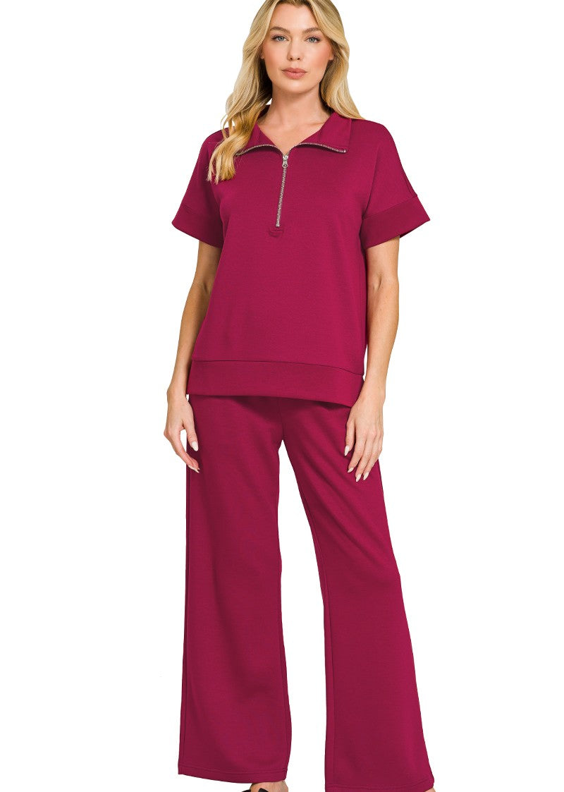 Luxe Scuba Two-Piece Set: High Neck Half-Zip Top & Flowy Pants