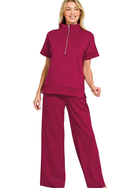 Luxe Scuba Two-Piece Set: High Neck Half-Zip Top & Flowy Pants