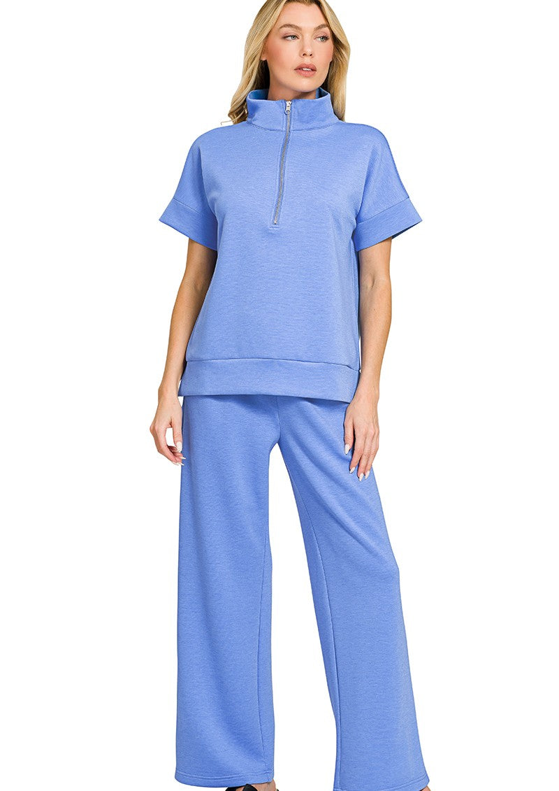 Luxe Scuba Two-Piece Set: High Neck Half-Zip Top & Flowy Pants