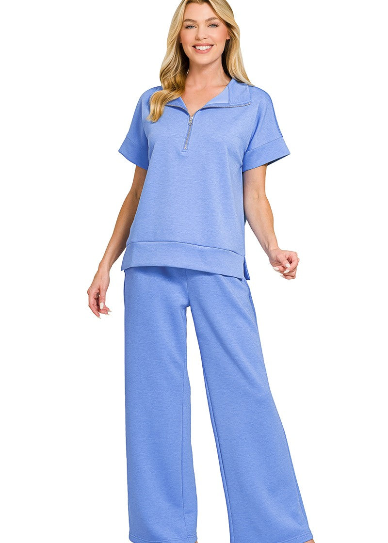 Luxe Scuba Two-Piece Set: High Neck Half-Zip Top & Flowy Pants