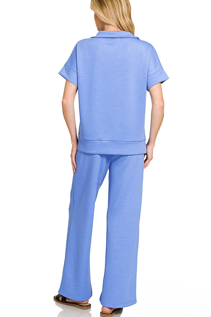 Luxe Scuba Two-Piece Set: High Neck Half-Zip Top & Flowy Pants