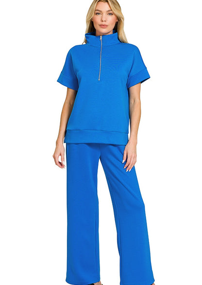 Luxe Scuba Two-Piece Set: High Neck Half-Zip Top & Flowy Pants