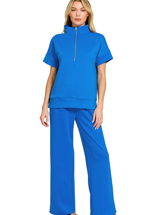 Luxe Scuba Two-Piece Set: High Neck Half-Zip Top & Flowy Pants