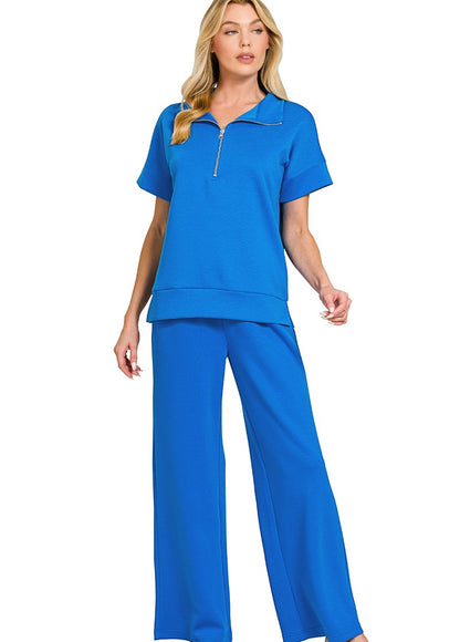 Luxe Scuba Two-Piece Set: High Neck Half-Zip Top & Flowy Pants