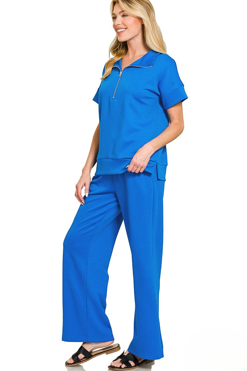 Luxe Scuba Two-Piece Set: High Neck Half-Zip Top & Flowy Pants