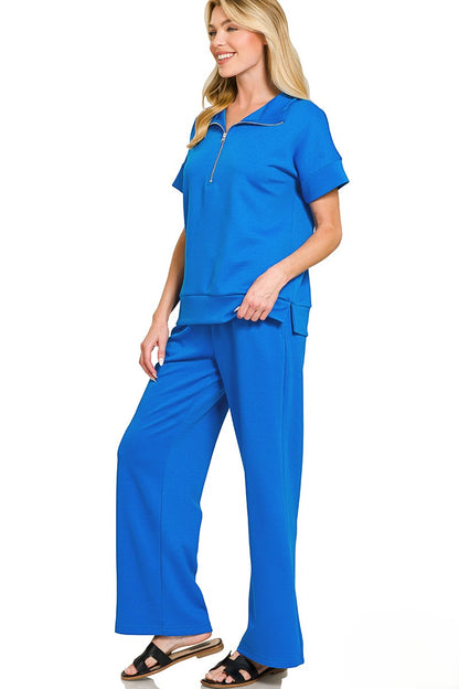 Luxe Scuba Two-Piece Set: High Neck Half-Zip Top & Flowy Pants