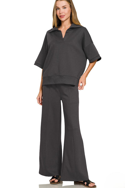 Scuba Collared Pullover and Pleated-Front Pants Lounge Set